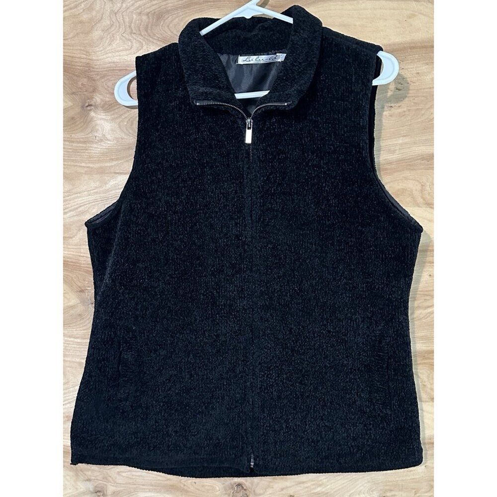 Lulu B Woman Small Black Sleevless Vest Full Zip Black Chenille Pockets